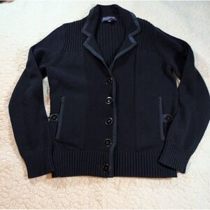 Jones New York  Navy Blue Button Front Cardigan Sweater Ribbed Pockets Small